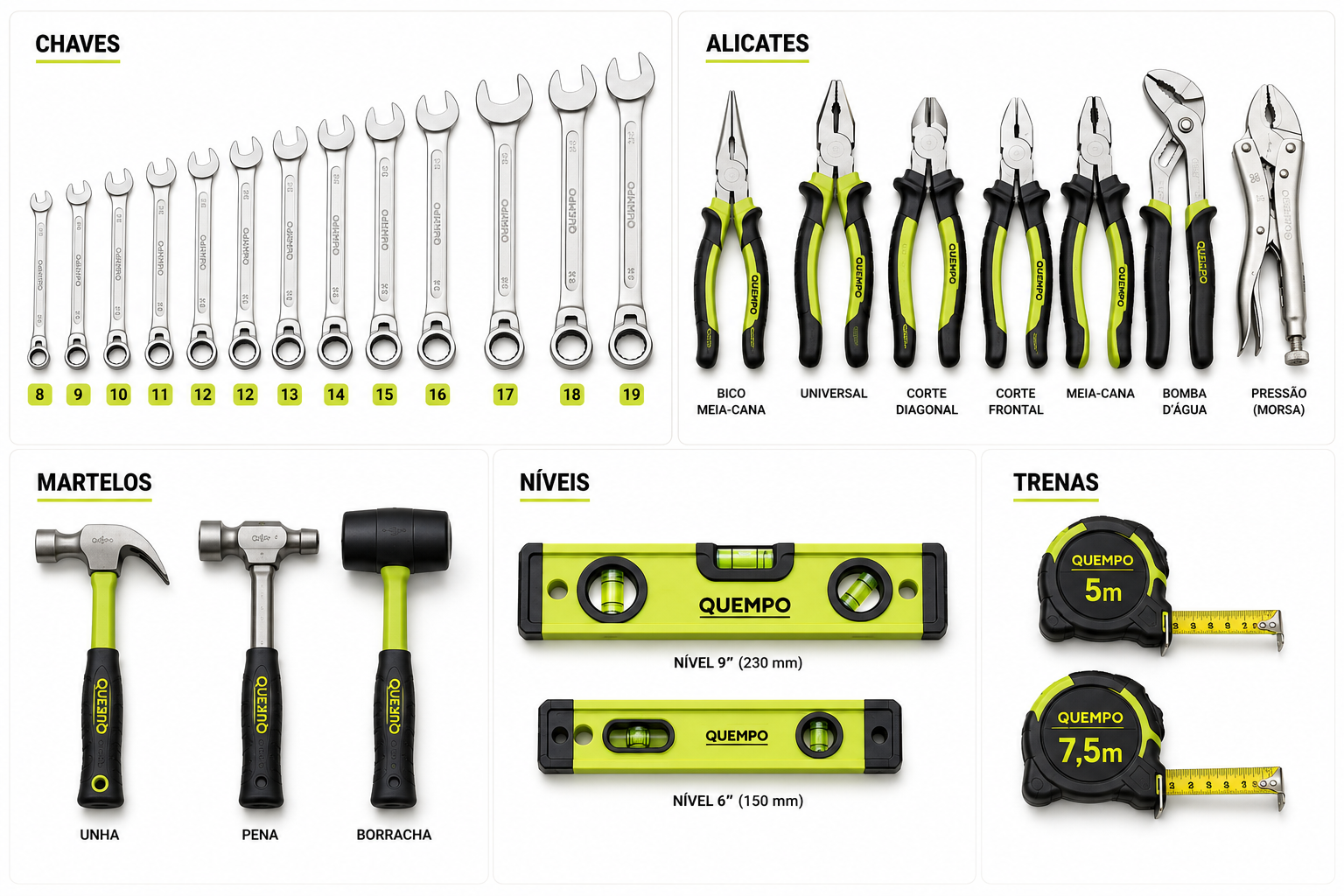 Produtos QUEMPO da linha Ferramentas Manuais: Chaves, Alicates, Martelos, Níveis, Trenas.